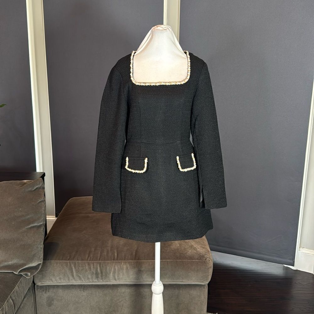 Women’s Short Black Dress Square Neck Faux Pearl-Like Trim **Tag L fits like M - Picture 1 of 16